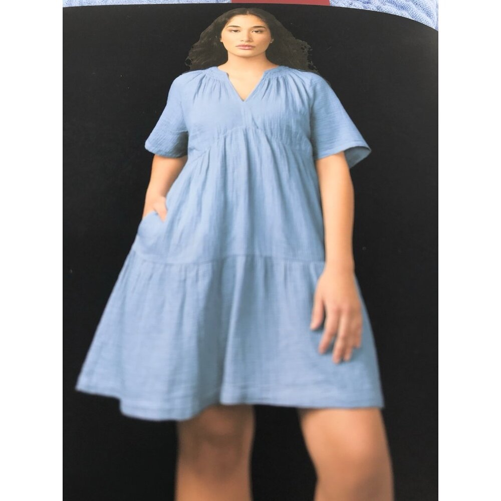 Gap Women's Gauze Tiered Dress Size XL Blue Short Sleeve BOHO V Neck - Picture 3 of 10